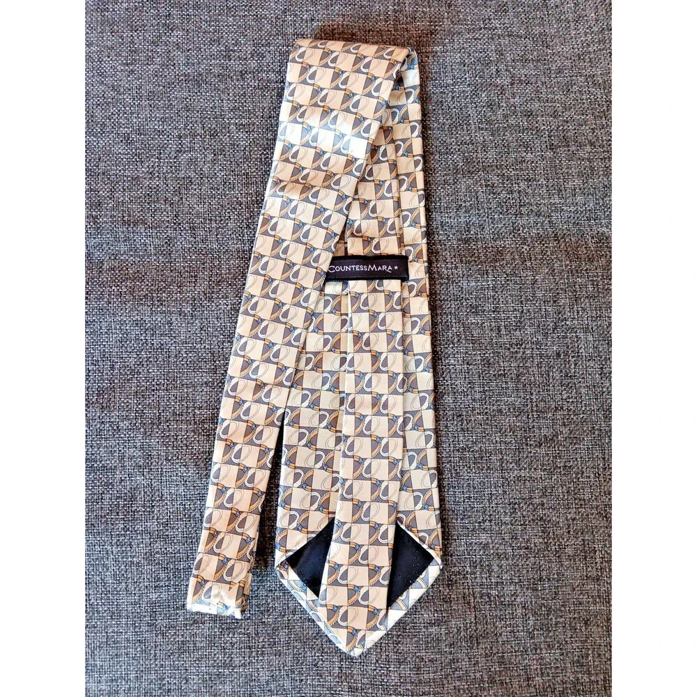 Tie 70s 80s 90s Y2K Mens Countess Mara Silk Ivory Yellow Blue 4 Wide 60 Long